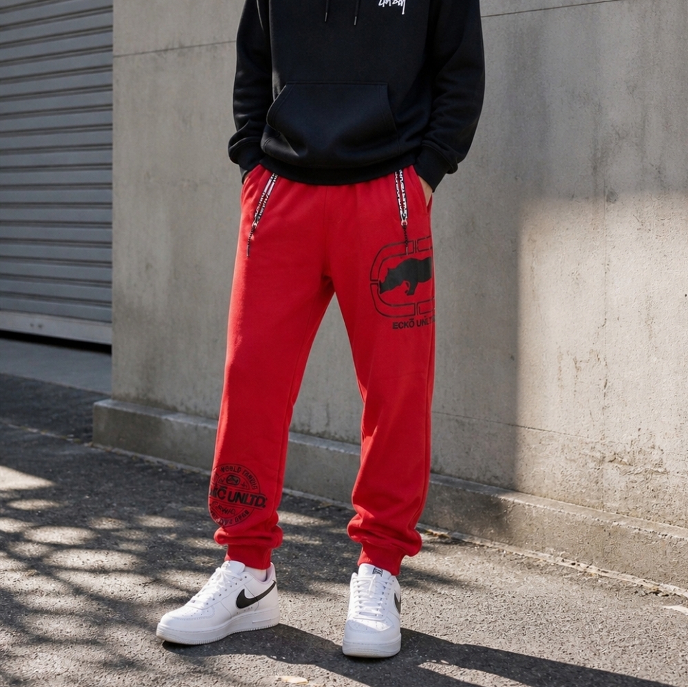 Ecko Unlimited Red Jogger Sweatpants Black Logo Patch Men’s Size S Streetwear